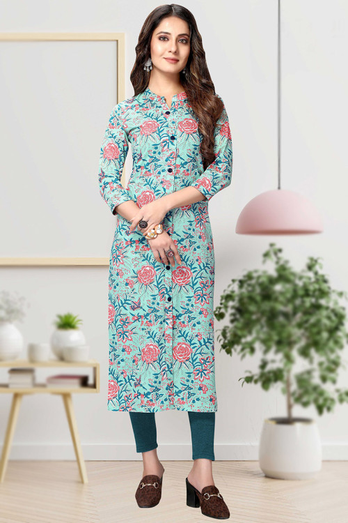 Kurti in Cotton Light Blue with Printed for Casual Wear