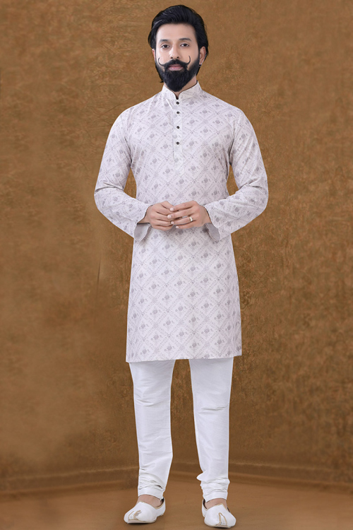 Printed Light Grey Cotton Men's Churidar Kurta