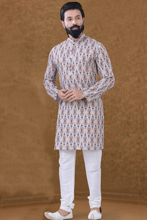 Printed Cotton Light Grey Churidar Men Kurta 