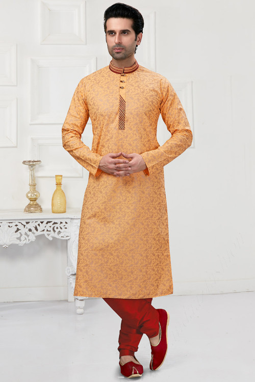 Light Orange Cotton Straight Cut Men Kurta Pajama with Printed