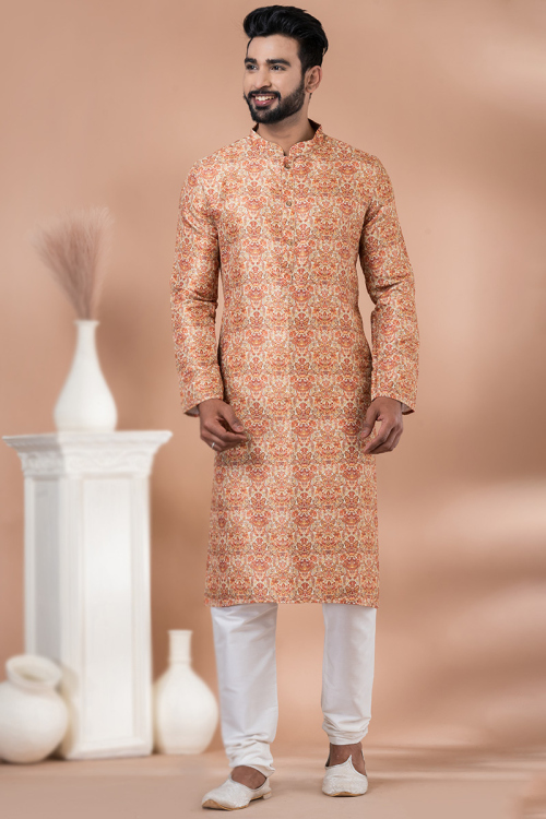 Printed Cotton Light Yellow Straight Cut Men's Kurta With Churidar