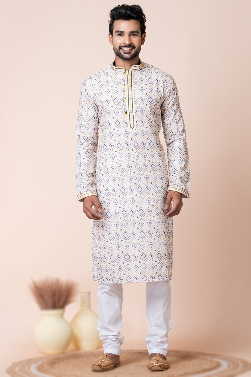Printed Cotton Men's Straight Cut Light Beige Kurta Churidar
