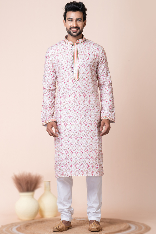 Printed Cotton Men's Straight Cut White Kurta Churidar