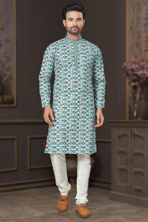 Printed Cotton Mint Blue Men's Straight Cut Kurta Churidar 