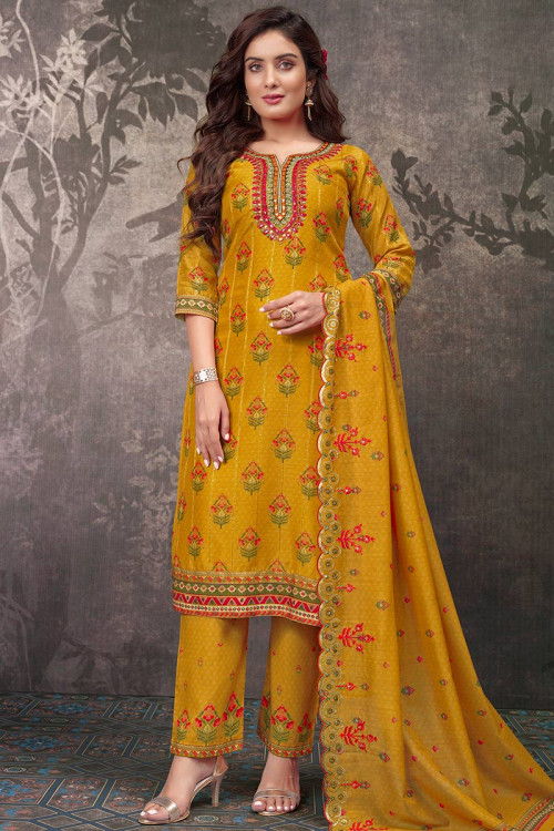 Cotton Mustard Yellow Printed Party Wear Trouser Suit