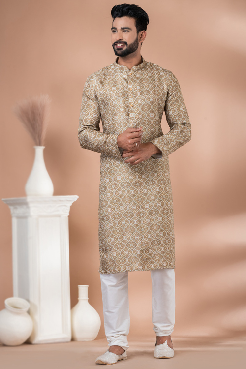 Printed Cotton Oat Beige Straight Cut Men's Kurta Churidar