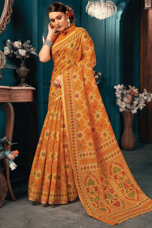 Saree for Party Wear in Cotton Orange with Lurex Thread Work
