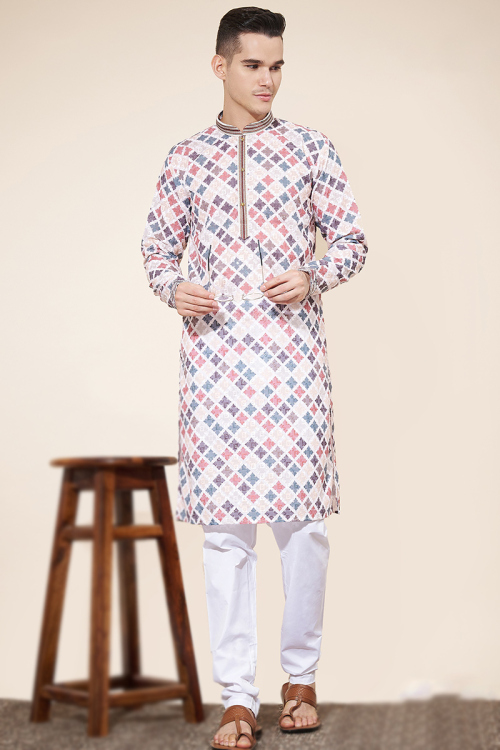 Printed Cotton Pale Pink Straight Cut Men's Kurta Pajama 