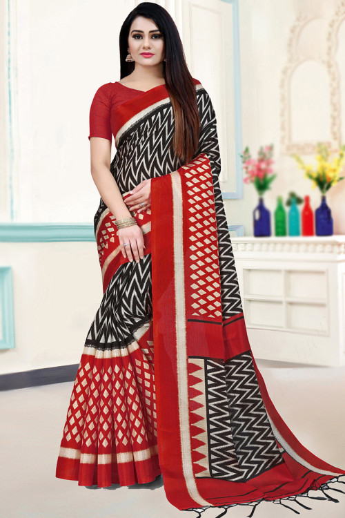 Red Colour Saree for Celebration Wear Pure Gachi Tussar With Blouse Piece  Red and Black Combination Saree - Etsy Ireland