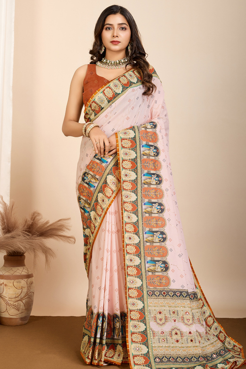 Printed Cotton Silk Creamy Pink Light Weight Saree
