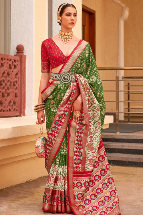 Printed Cotton Silk Green Patola Saree 