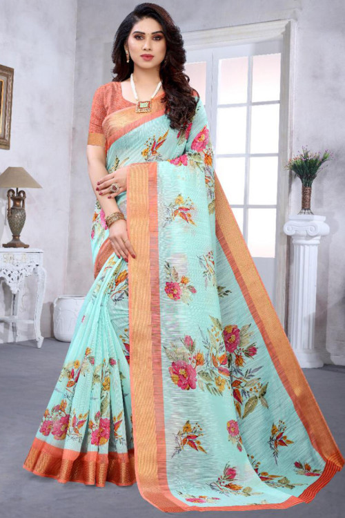 Blue Organza Saree In Floral Print Saree 4373SR05