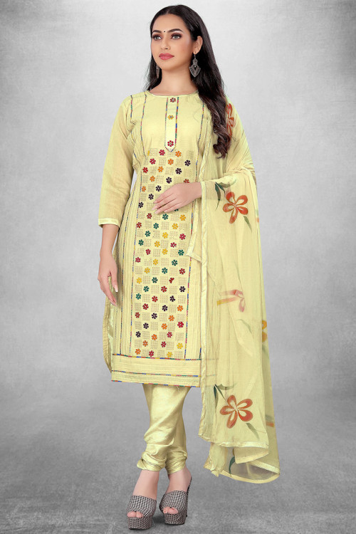Printed Cotton Silk Pale Yellow Churidar Suit
