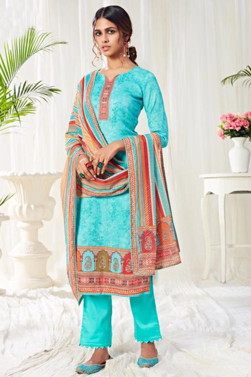 Printed Cotton Sky Blue Trouser Suit