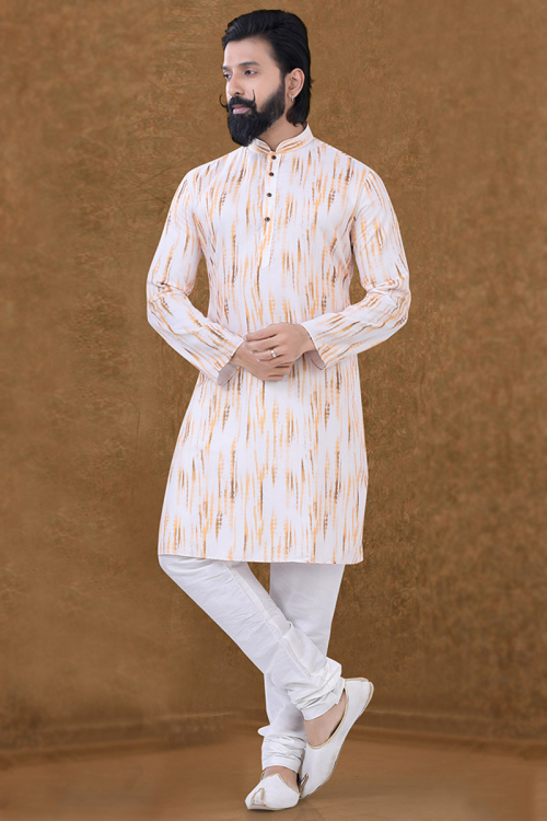 Men Kurta Pajama for Party Wear in Cotton White with Printed