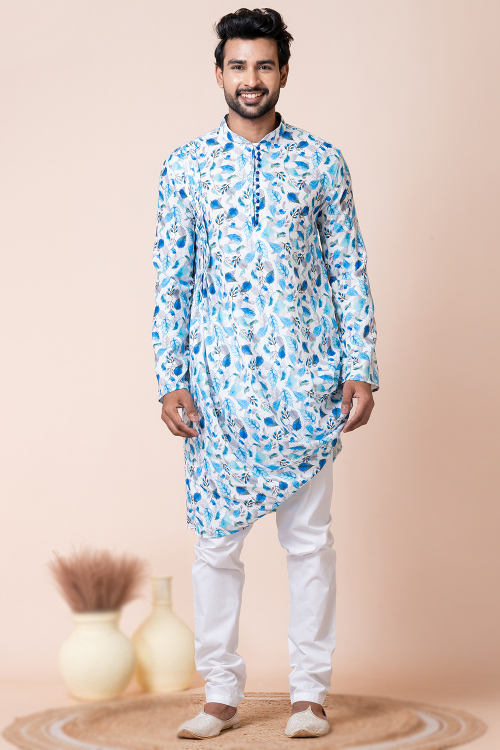 Printed Cotton White Men's Assymetrical Kurta Churidar