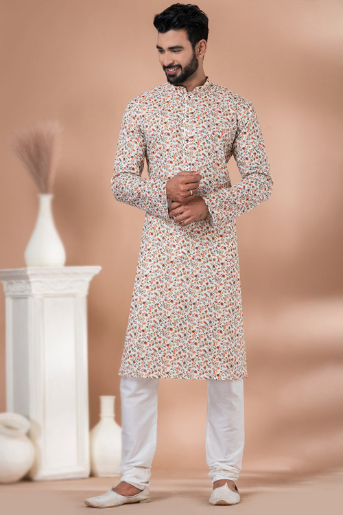 Printed Cotton White Straight Cut Men's Kurta With Churidar