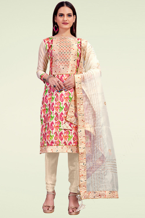 Printed Cream Beige Chanderi Churidar Suit