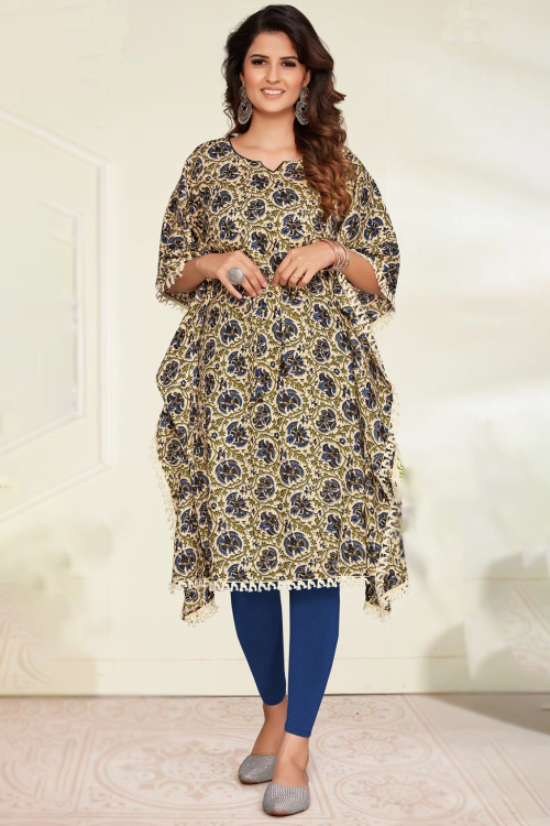Printed Cream Beige Cotton Casual Wear Kaftan Kurti 