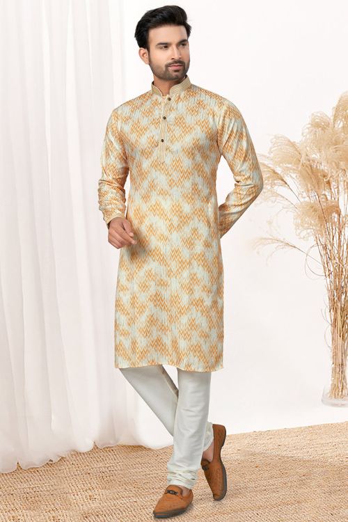 Printed Cream Beige Cotton Men's Kurta Churidar 