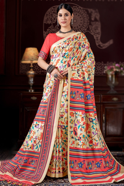 Printed Cream Beige Pashmina Light weight Saree