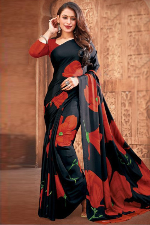 Printed Silk Black And Red Saree
