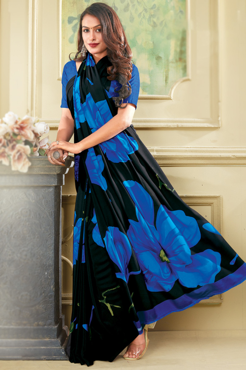 Crepe Saree with Printed in Black for Casual Wear