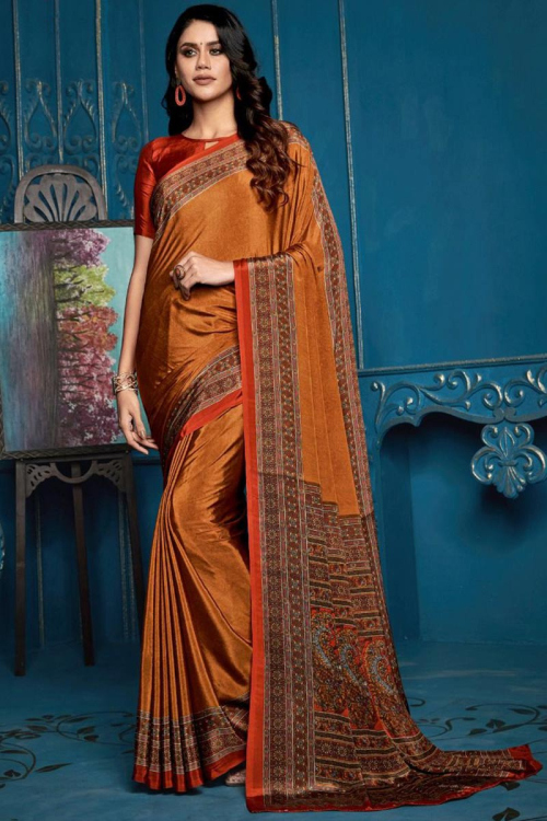 Daily Wear Printed Dusty Orange Saree in Crepe