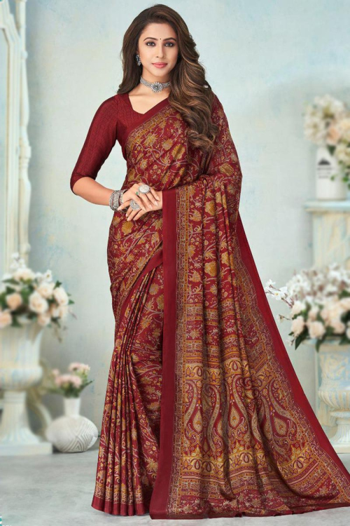 Printed Crepe Maroon Saree
