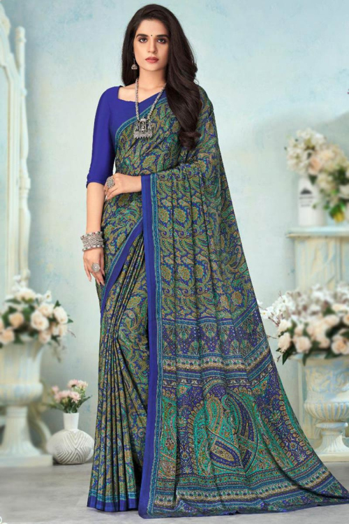 Woven Saree in Crepe Royal Blue for Casual Wear
