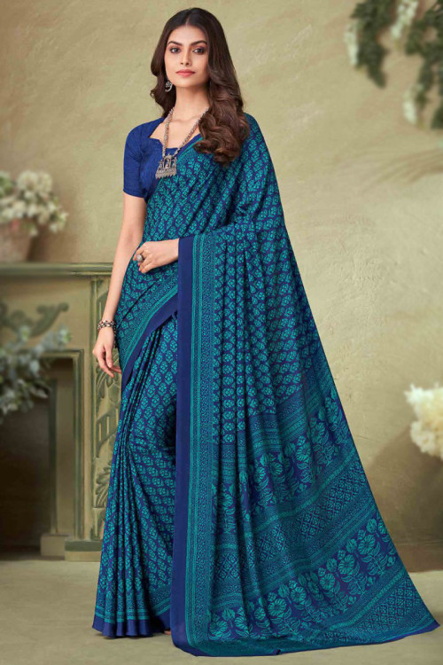 Woven Saree in Crepe Royal Blue for Wedding Party 
