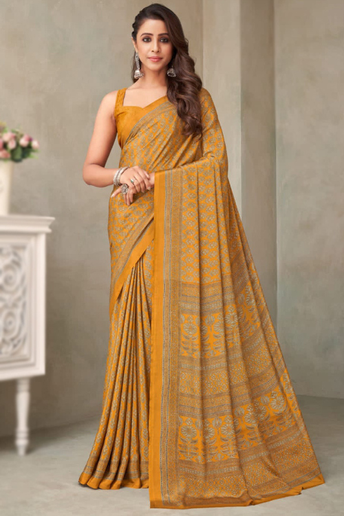 Saree in Crepe Mustard Yellow with Printed for Party 