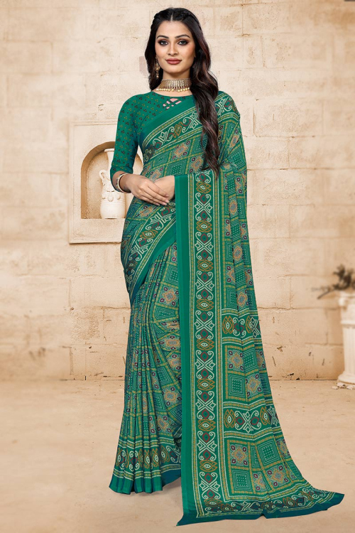 Printed Crepe Silk Teal Green Saree