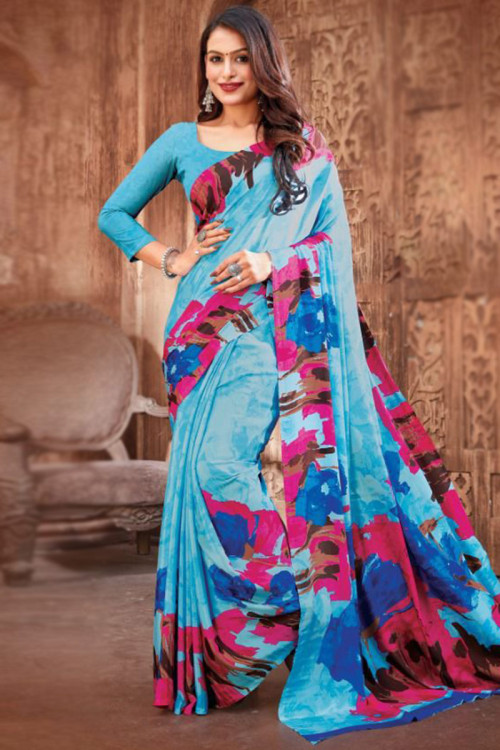 Buy Indian Dress Saree Royal Blue Georgette Latest Sarees U Neck
