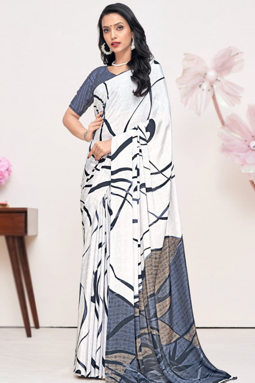 Printed Crepe White Casual Wear Lightweight Saree 