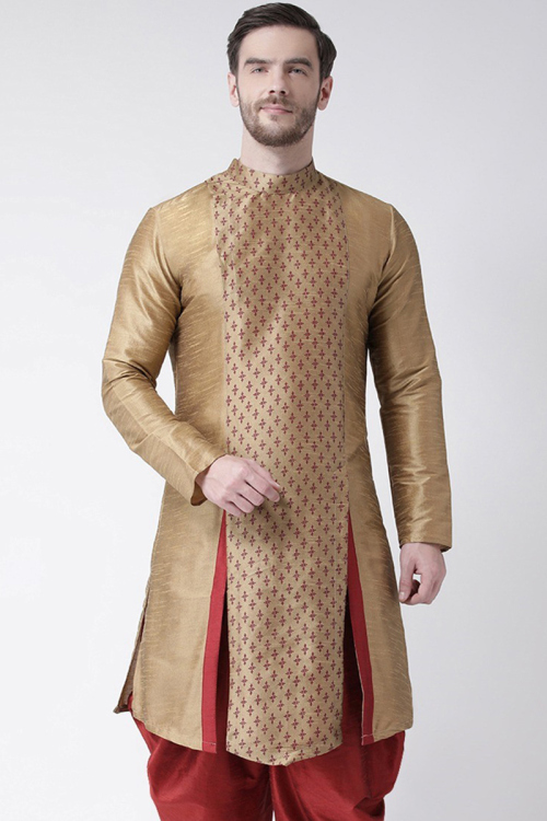 Printed Dark Beige Dupion Silk Side Slit Men's Kurta 