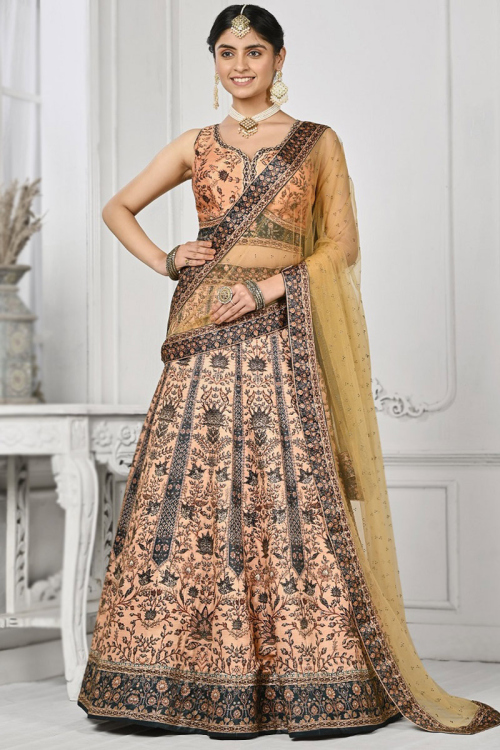 Printed Dark Beige Panelled Style Satin Silk Lehenga