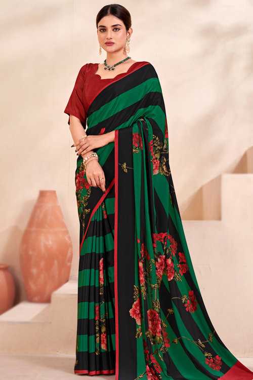 Printed Dark Green Crepe Light Weight Saree