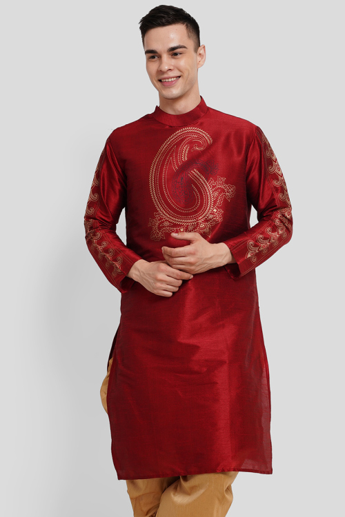 Printed Dupion Silk Deep Red Straight Cut Men's Kurta