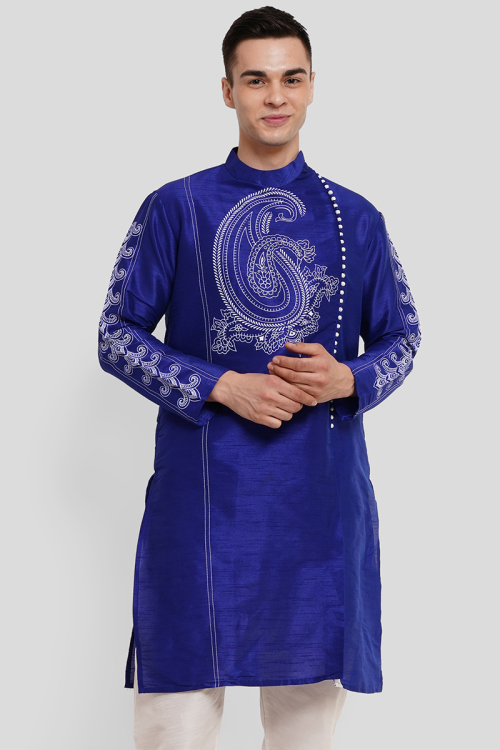Printed Dupion Silk Navy Blue Straight Cut Men's Kurta