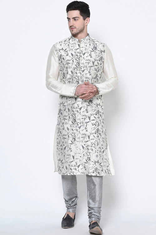 Printed Dupion Silk White Men Kurta Churidar 