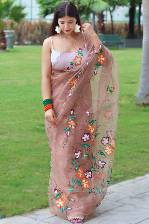 Printed Dusty Mauve Organza Floral Saree