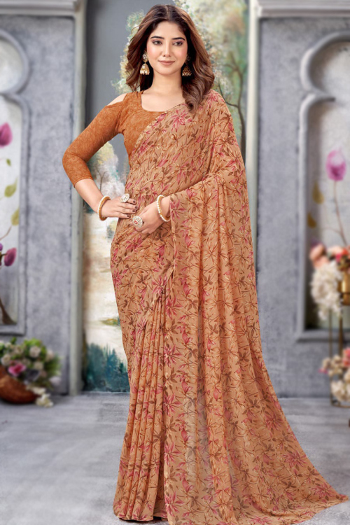 Printed Dusty Peach Chiffon Casual Wear Saree