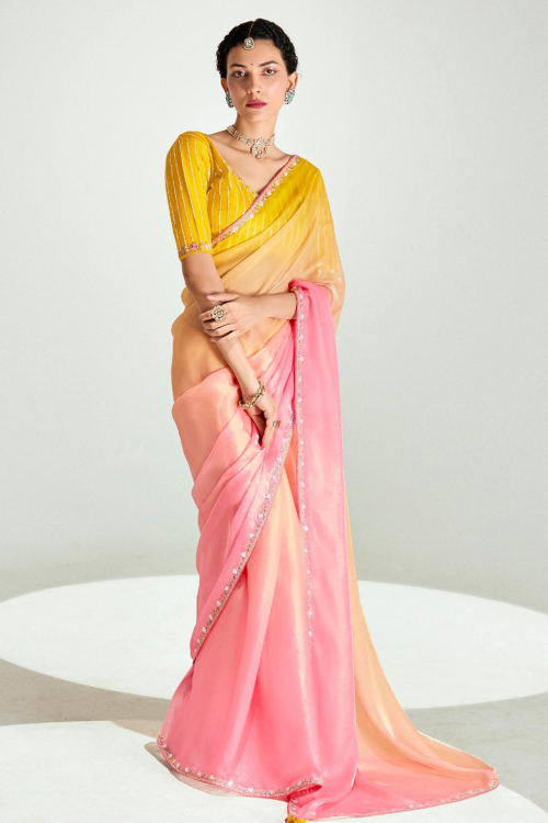 Printed Festival Wear Blush Pink Organza Shimmer Saree