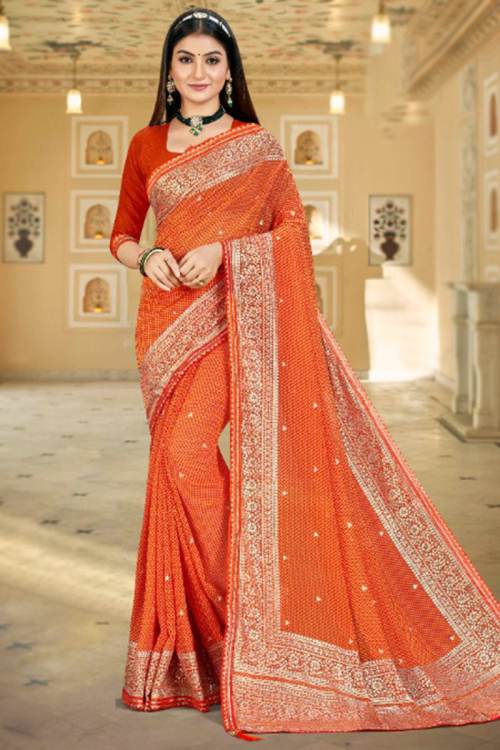 Carrot Orange Casual Wear Printed Saree in Georgette