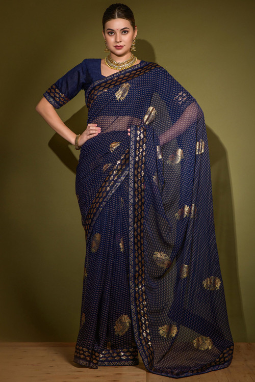 Georgette Saree with Sequins Work in Navy Blue for Casual Wear