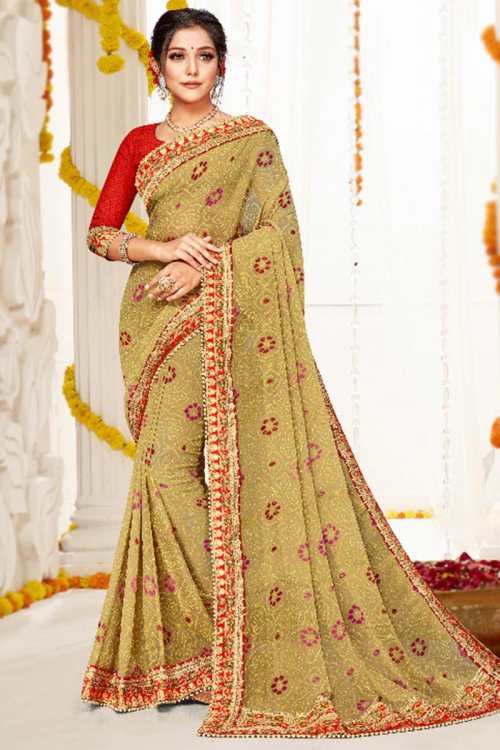 Party Wear Lace Embroidered Saree in Georgette Trombone Yellow