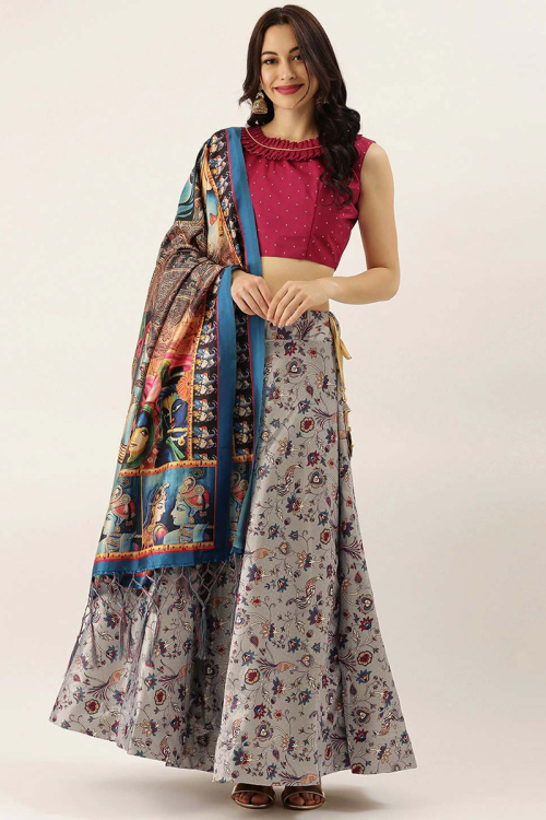 Printed Grey Silk A Line Lehenga