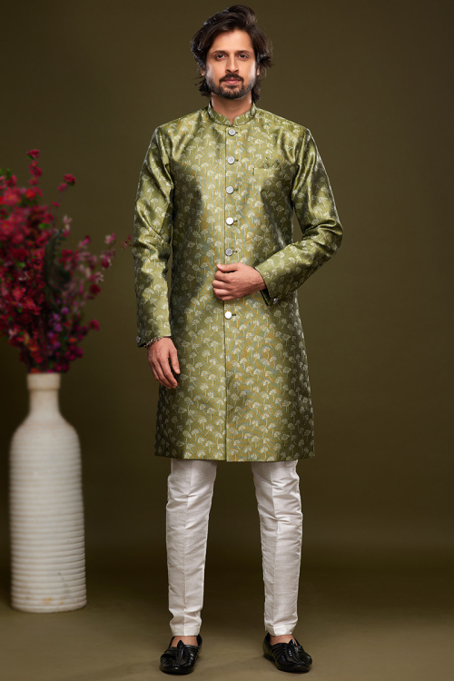 Printed Jacquard Front Slit Men's Sherwani In Olive Green 
