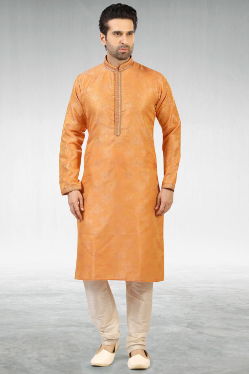 Printed Jacquard Light Orange Men Kurta Pajama